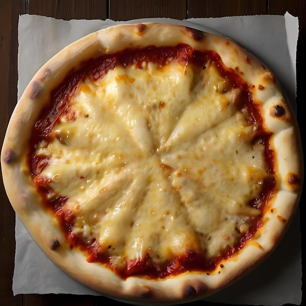 Una vista dall'alto di una pizza intera al formaggio con crosta dorata e formaggio bollente generata dall'AI