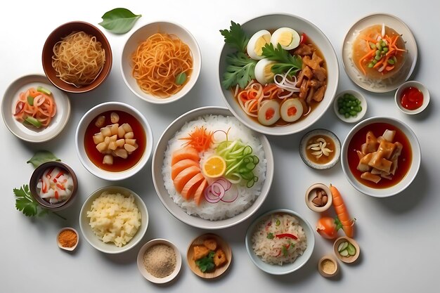 Una vista dall'alto di varie spezie e condimenti asiatici su uno sfondo bianco