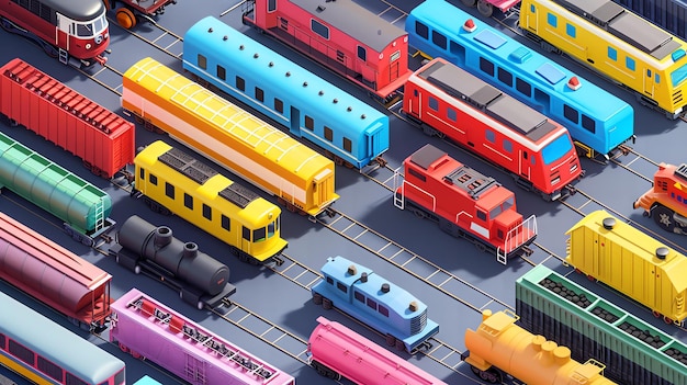 Una vista dall'alto verso il basso di un cantiere ferroviario con molti treni e vagoni colorati Ci sono vagoni passeggeri vagoni merci e locomotive