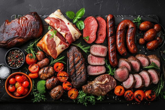 Una vista dall'alto verso il basso di un delizioso assortimento di carni che crea uno sfondo appetitoso