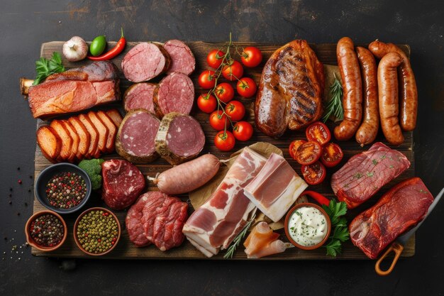 Una vista dall'alto verso il basso di un delizioso assortimento di carni che crea uno sfondo appetitoso