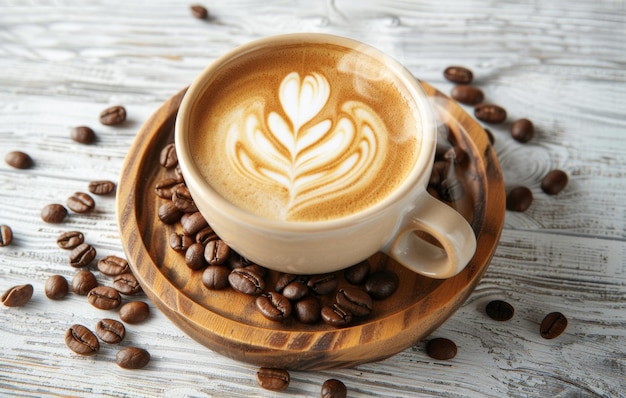 Una vista dall'alto verso il basso di una tazza di latte con schiuma artistica circondata da chicchi di caffè su un vassoio di legno e una superficie di consistenza bianca