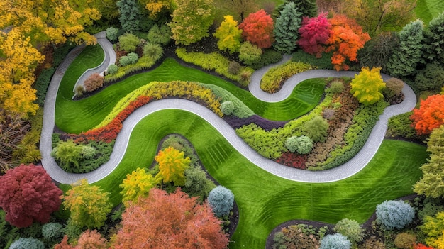 una vista dall'occhio di un uccello di un giardino verde lussureggiante con colori