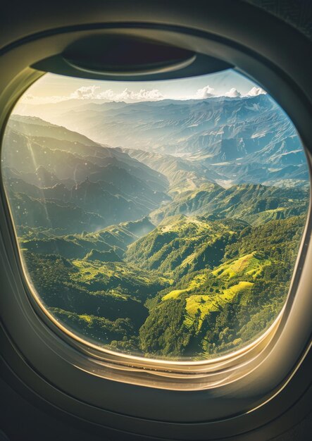 Una vista dalla finestra dell'aereo di un bellissimo paesaggio montuoso