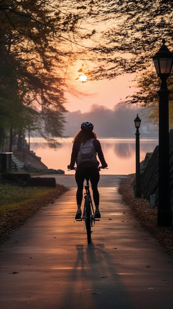 Una vista dalla parte posteriore di un ciclista sulla città