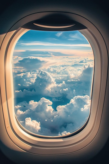 Una vista del cielo da una finestra di un aereo di nuvole