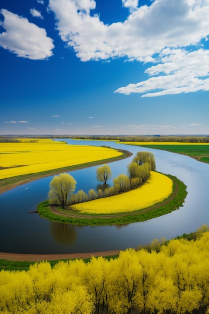 Una vista del fiume che attraversa il campo con i fiori gialli generativa ai
