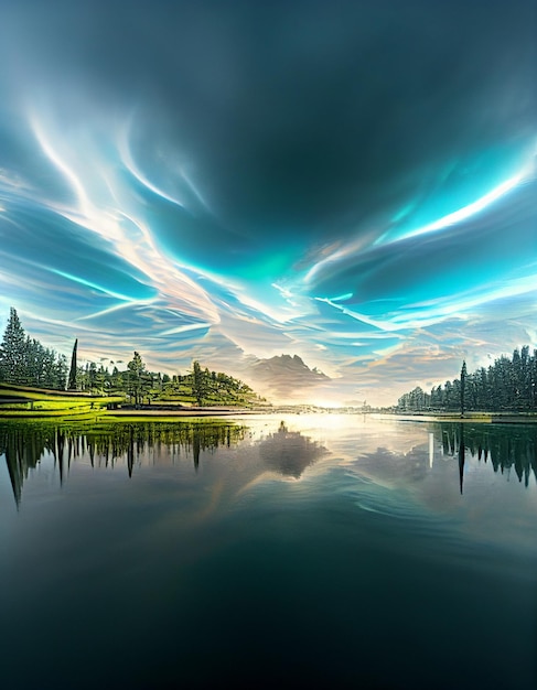 Una vista del lago con cielo e nuvole sullo sfondo ai generativa