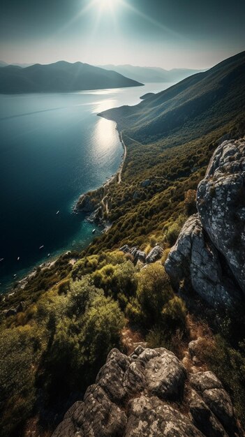 Una vista del mare dalle montagne