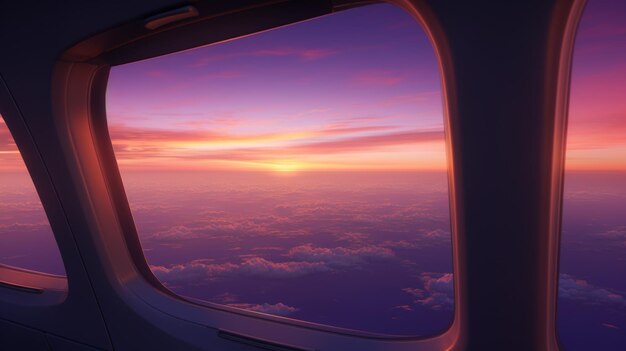 una vista del tramonto dall'interno dello spazio aereo nello stile del viola chiaro e dell'arancione scuro