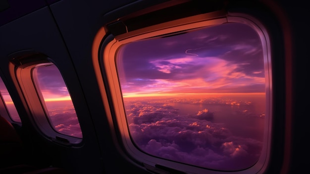 una vista del tramonto dall'interno dello spazio aereo nello stile del viola chiaro e dell'arancione scuro