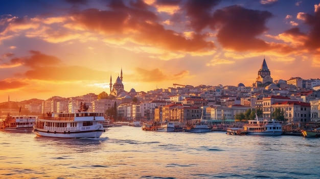 Una vista del tramonto di istanbul con una barca in primo piano e una città sullo sfondo.