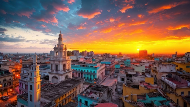 Una vista del tramonto di l'avana, cuba con una chiesa in primo piano.