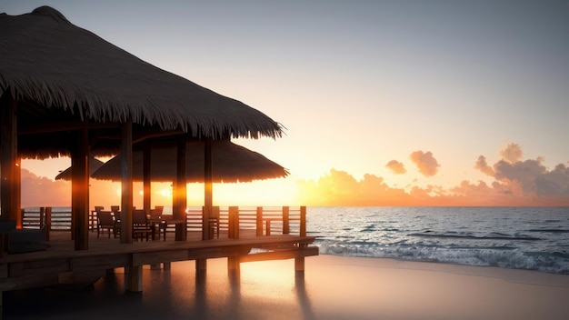 Una vista del tramonto di un ristorante sulla spiaggia