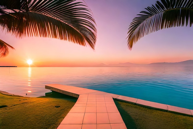 Una vista del tramonto di una piscina con una palma e un tramonto sullo sfondo