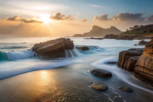 Una vista del tramonto sull'oceano con una cascata in primo piano