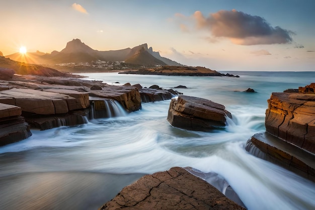 Una vista del tramonto sull'oceano e sulle rocce