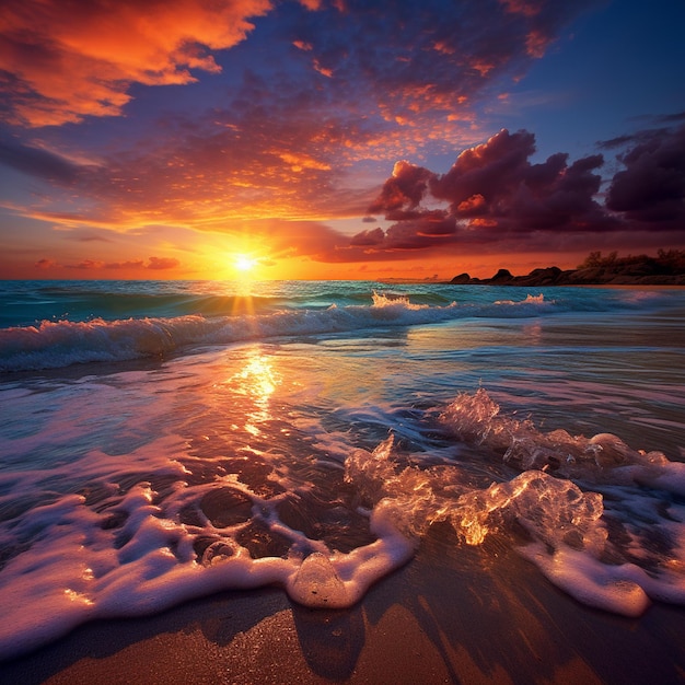 Una vista del tramonto sull'oceano sulla spiaggia