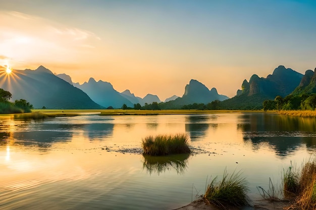 Una vista del tramonto sulle montagne e su un lago