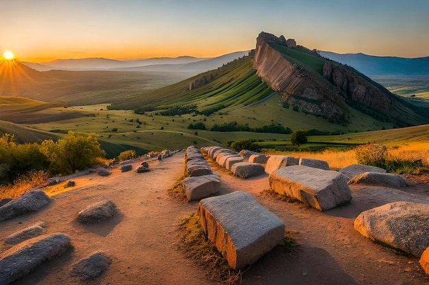 Una vista del tramonto sulle montagne