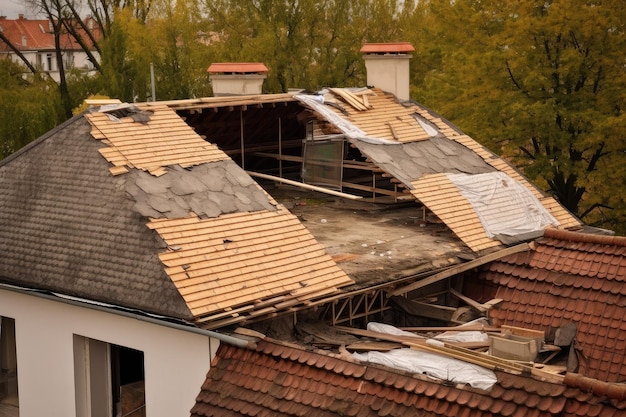 Una vista del vecchio tetto usurato su una casa che viene sostituita da una nuova e moderna