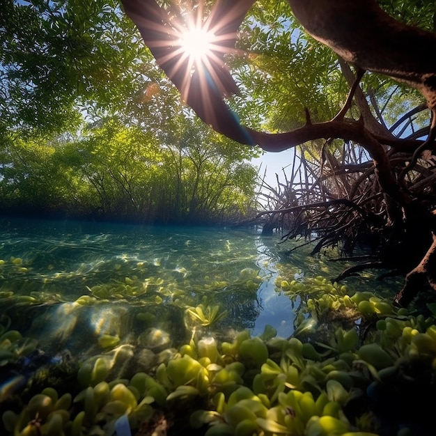 Una vista dell'acqua con il sole che splende attraverso i rami