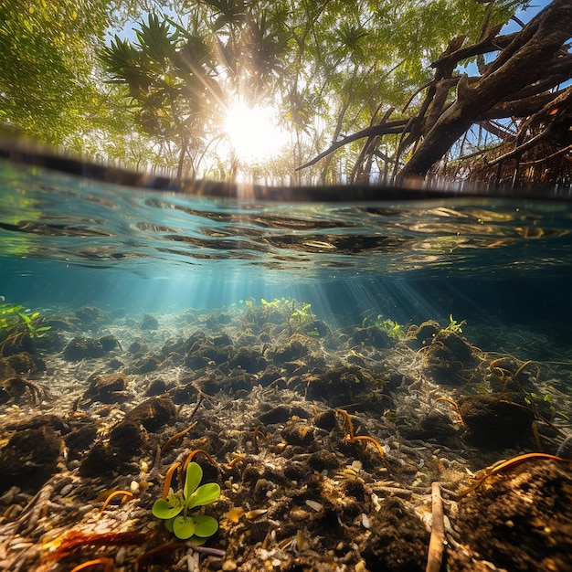 Una vista dell'acqua e del sole che splende attraverso gli alberi