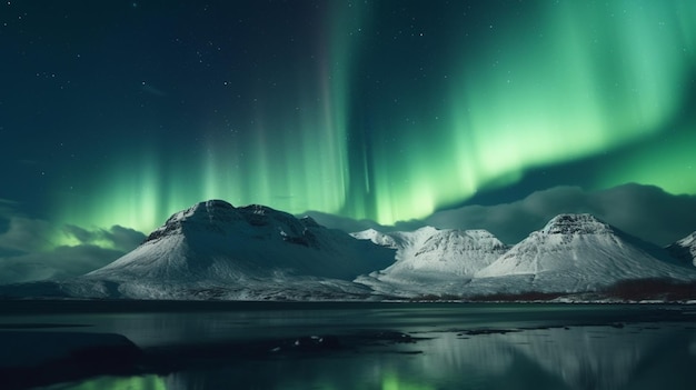 Una vista dell'aurora boreale su una catena montuosa.