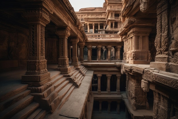 Una vista dell'interno di un edificio con molte colonne e un gran numero di colonne.