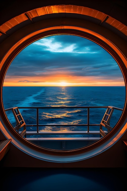 una vista dell'oceano attraverso una finestra ad oblò Finestra vista dalla finestra della nave