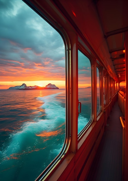 una vista dell'oceano da una barca al tramonto Finestra vista dalla finestra della nave