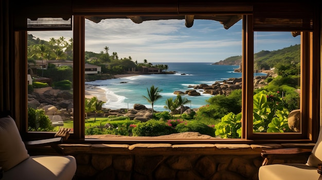 una vista dell'oceano dall'interno di una casa Finestra vista dalla finestra del resort