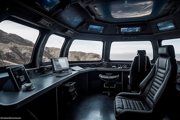 Una vista della cabina di pilotaggio di una nave con un monitor e una tastiera.