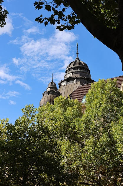 Una vista della cima di una torre della chiesa con un cielo blu sullo sfondo.