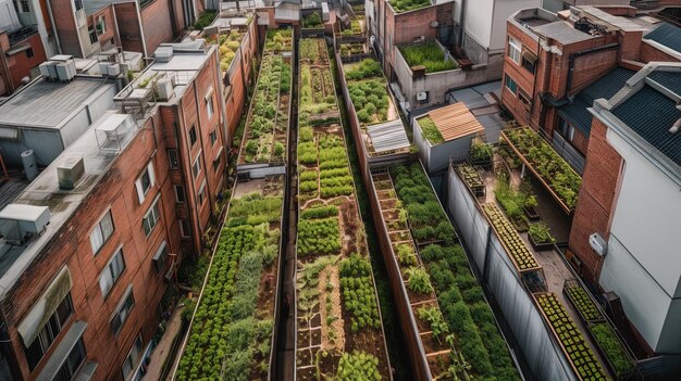 una vista della città di un giardino con un edificio sullo sfondo