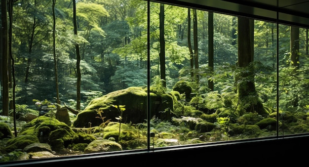 Una vista della foresta attraverso una finestra ai