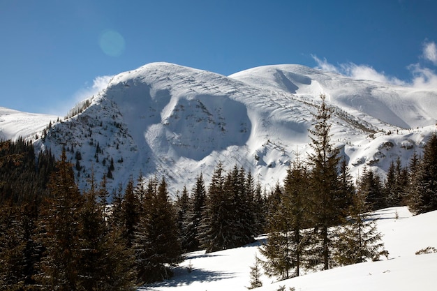 Una vista della montagna rocciosa nevosa Breskul nelle montagne dei Carpazi