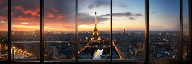 una vista della Torre Eiffel dalla cima di un edificio Finestra vista dalla finestra di metallo