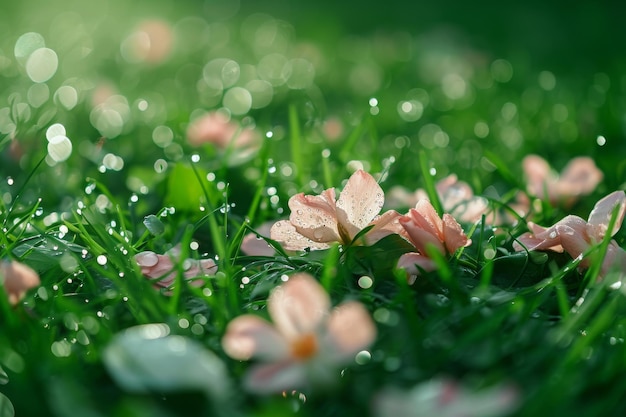 Una vista dettagliata di numerosi fiori rosa in mezzo all'erba verde in un ambiente naturale Confetti riposando delicatamente sull'erba bagnata dopo una celebrazione mattutina AI Generato