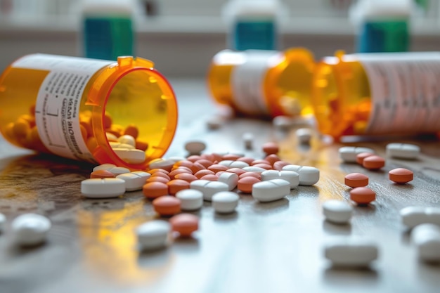 Una vista dettagliata di più pillole disposte su un tavolo Diversi tipi di oppioidi da prescrizione AI Generato