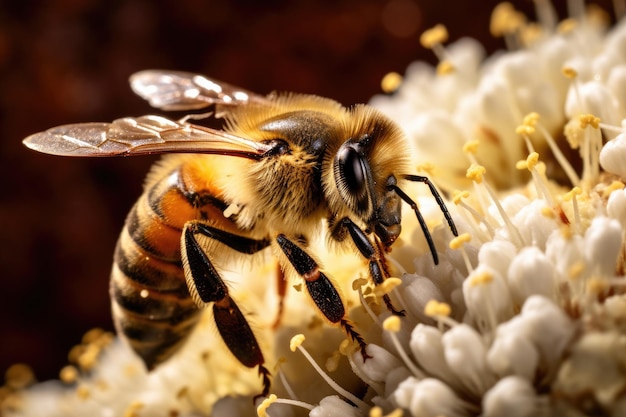 Una vista dettagliata di un'ape su un fiore che cattura un momento di impollinazione vitale in natura Un'ape che raccoglie il miele da un piccolo fiore vista ravvicinata dettagliata del corpo generato dall'intelligenza artificiale