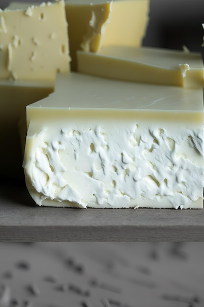 Una vista dettagliata di un delizioso formaggio tagliato e affettato che acuisce i sensi degli amanti della buona tavola Generato dall'IA