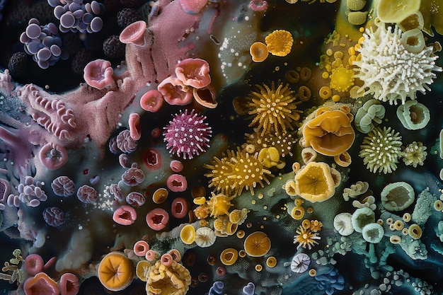 Una vista dettagliata di una miscela di anemone marine colorate e strutturate nel loro habitat naturale sottomarino