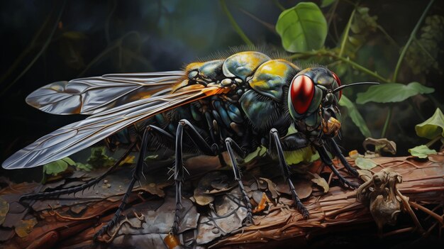 Una vista dettagliata di una mosca in piedi a terra in mezzo alla foresta generata con l'AI