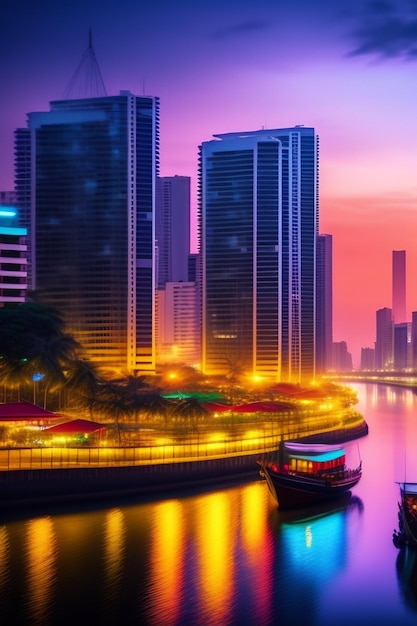 una vista di edifici e luci colorate