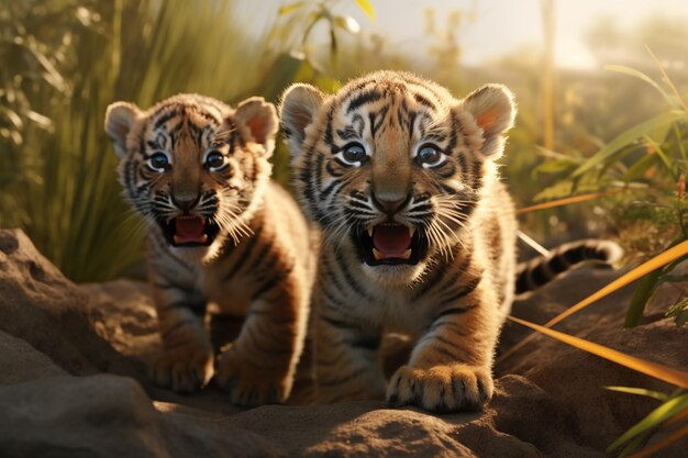 Una vista di feroci cuccioli di tigre selvatiche in natura