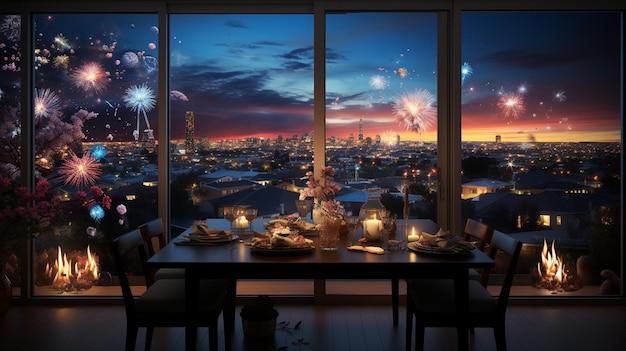 una vista di fuochi d'artificio da un ristorante con una vista dello skyline della città sullo sfondo