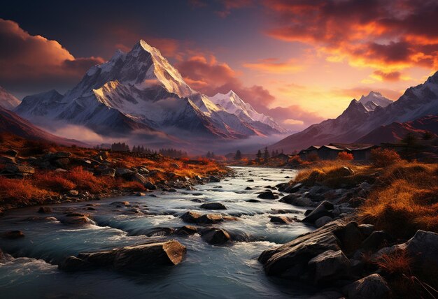 una vista di montagne con nuvole nel cielo e un fiume in mezzo al campo nello stile dei paesaggi atmosferici e lunatici di max rive