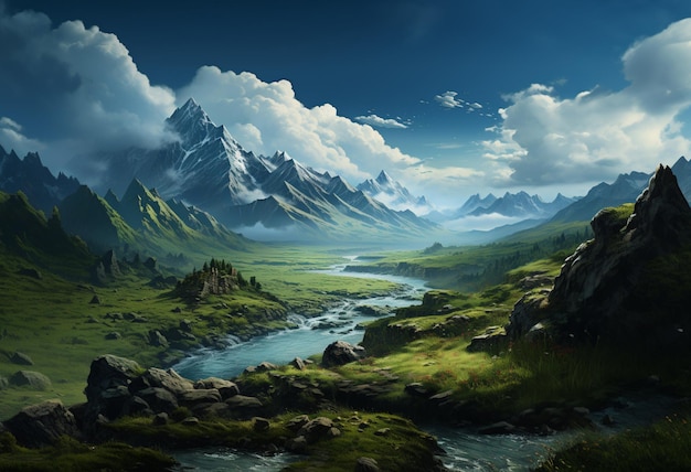 una vista di montagne con nuvole nel cielo e un fiume in mezzo al campo nello stile dei paesaggi atmosferici e lunatici di max rive