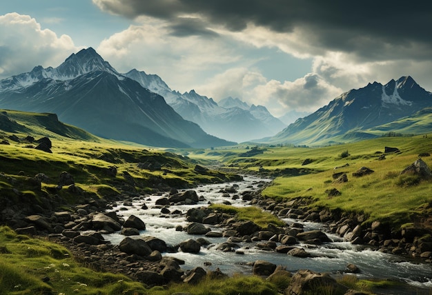 una vista di montagne con nuvole nel cielo e un fiume in mezzo al campo nello stile dei paesaggi atmosferici e lunatici di max rive